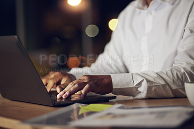 Buy stock photo Laptop, hands and professional person typing journalist story, customer experience review and copywriting at night. Closeup, editor or reporter check online article, press information or editing news