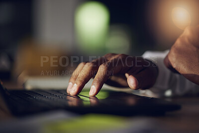 Buy stock photo Laptop keyboard, hands and person typing web design, customer experience feedback and SEO research. Closeup, late night development and designer check wireframe, project or editing website layout