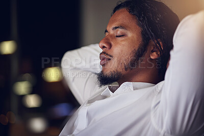 Buy stock photo Business man, sleeping and tired in office with night fatigue, time management or relax and calm in IT company. Professional worker with dream job, information technology break and mental health