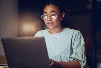 Buy stock photo Laptop, typing and night woman reading public relations story, social media blog and customer experience report. Dark room, analysis and professional person check online article, project of feedback
