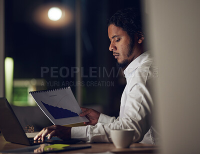 Buy stock photo Business man, documents and laptop for data analytics, marketing research and charts, growth or graphs at night. Professional worker typing on computer and paperwork for increase, statistics and SEO