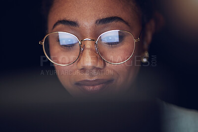 Buy stock photo Laptop, student face and night woman reading, studying and learning online information, education or check college database. Analysis, research and closeup person education, working and typing essay