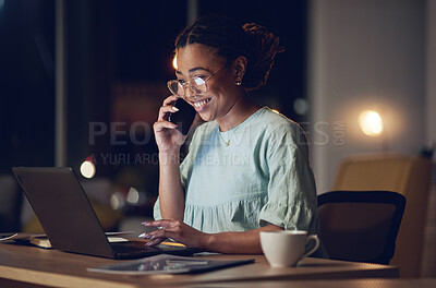 Buy stock photo Night phone call, office laptop and happy woman speaking, communication and reading project development, KPI or report. Cellphone, ecommerce discussion and professional person smile for online order