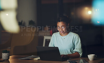 Buy stock photo Business woman, night and planning with laptop, typing or reading for proposal, goal or deadline for report. Entrepreneur, computer and web design for seo, thinking or brainstorming in dark workplace