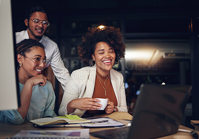 Buy stock photo Night, smile and business people with a laptop, teamwork and cooperation with a project, planning or brainstorming. Staff, group or coworkers with a pc, evening or conversation with ideas or feedback