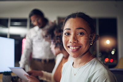 Buy stock photo Portrait, night and woman with a smile, business people and planning with teamwork, brainstorming and overtime. Face, staff and group with employee, evening or cooperation with strategy and ideas