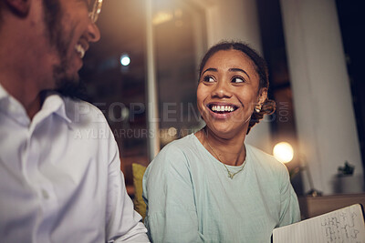 Buy stock photo Night, man and woman with conversation, business and brainstorming with planning, ideas and discussion. people, coworkers and staff working late, deadline and notebook with teamwork and collaboration