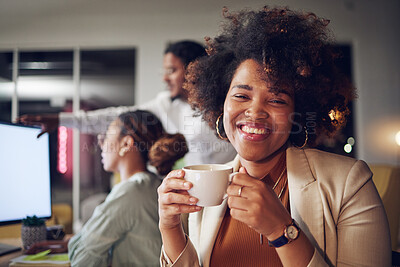 Buy stock photo Coffee, office portrait and business woman smile in coworking company with worker and relax. African female person, tea and staff with latte drink with creative work and happy employee at tech job