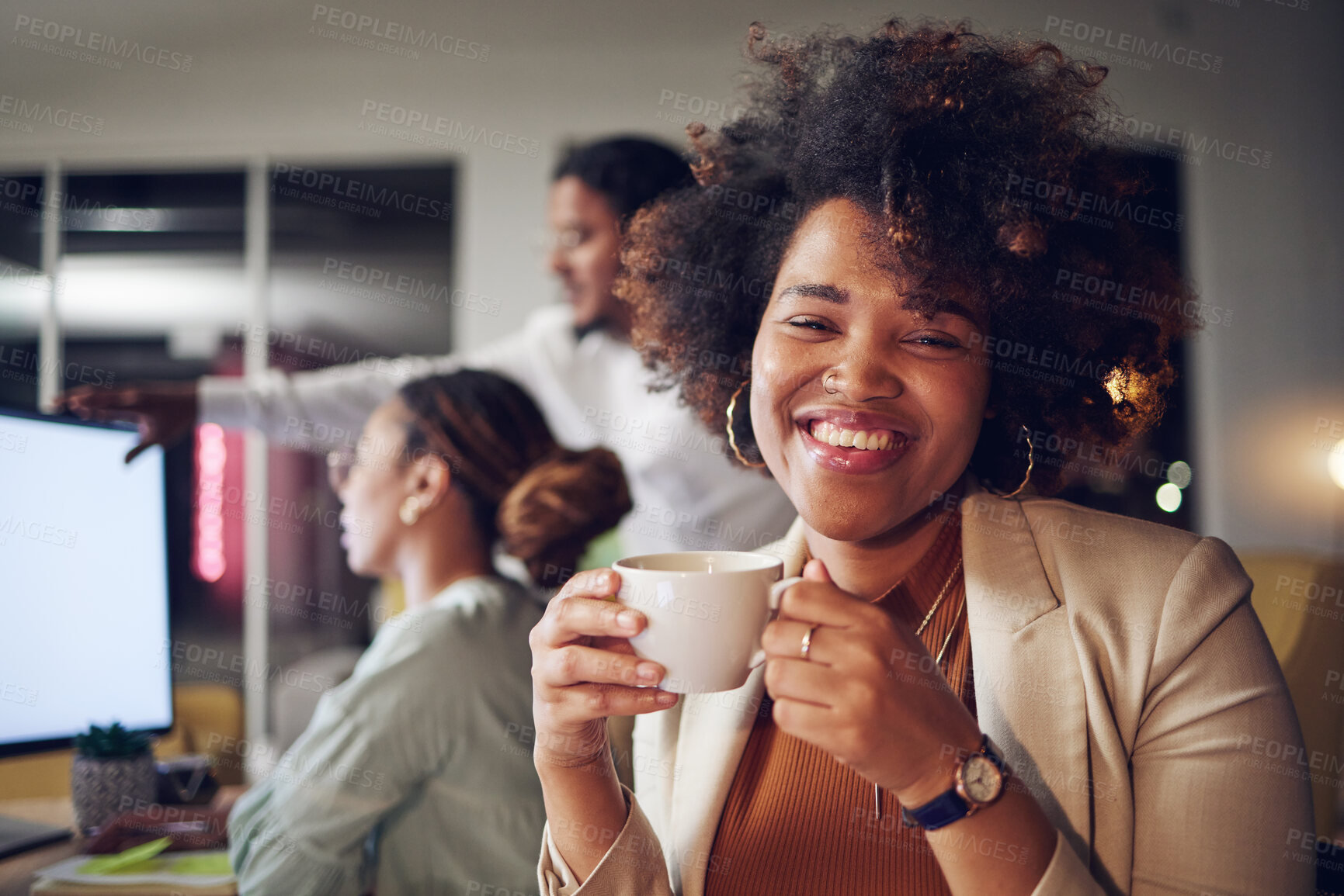 Buy stock photo Coffee, office portrait and business woman smile in coworking company with worker and relax. African female person, tea and staff with latte drink with creative work and happy employee at tech job