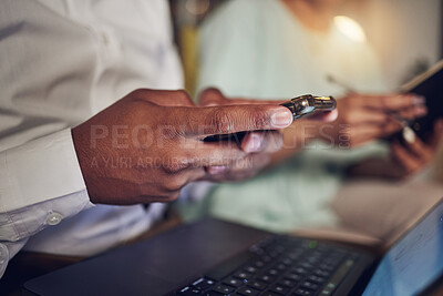 Buy stock photo Laptop, typing and hands of person with phone for social media, website and connection in office. Computer, networking and closeup of business man on smartphone for internet, research and email