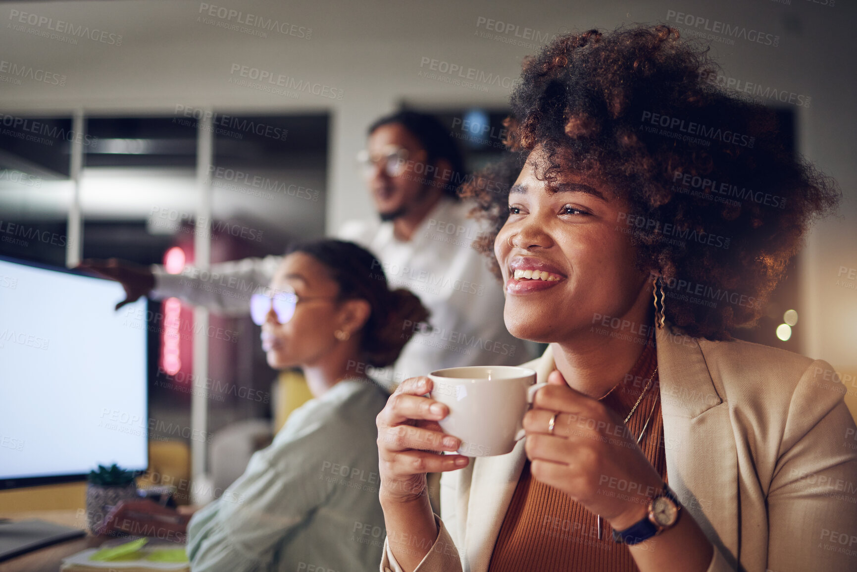 Buy stock photo Coffee, office smile and business woman thinking in coworking company with work idea and relax. African female person and staff with drink and latte with creative work ideas and employee planning