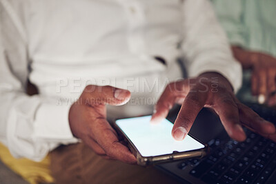 Buy stock photo Phone screen, mockup and hands of business person reading online article, media news or texting business contact. Cellphone typing, advertising space or closeup professional user scroll on website UI