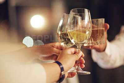 Buy stock photo Celebration, people hands and toast alcohol drinks for achievement, congratulations party or luxury gala vent. Support, night friends and group cheers with champagne, sparkling wine or glass beverage