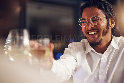 Buy stock photo Celebration, happy man and friends toast alcohol for achievement, congratulations party and celebrate New year event. Night group cheers with champagne, wine or drinks glass at fine dining restaurant