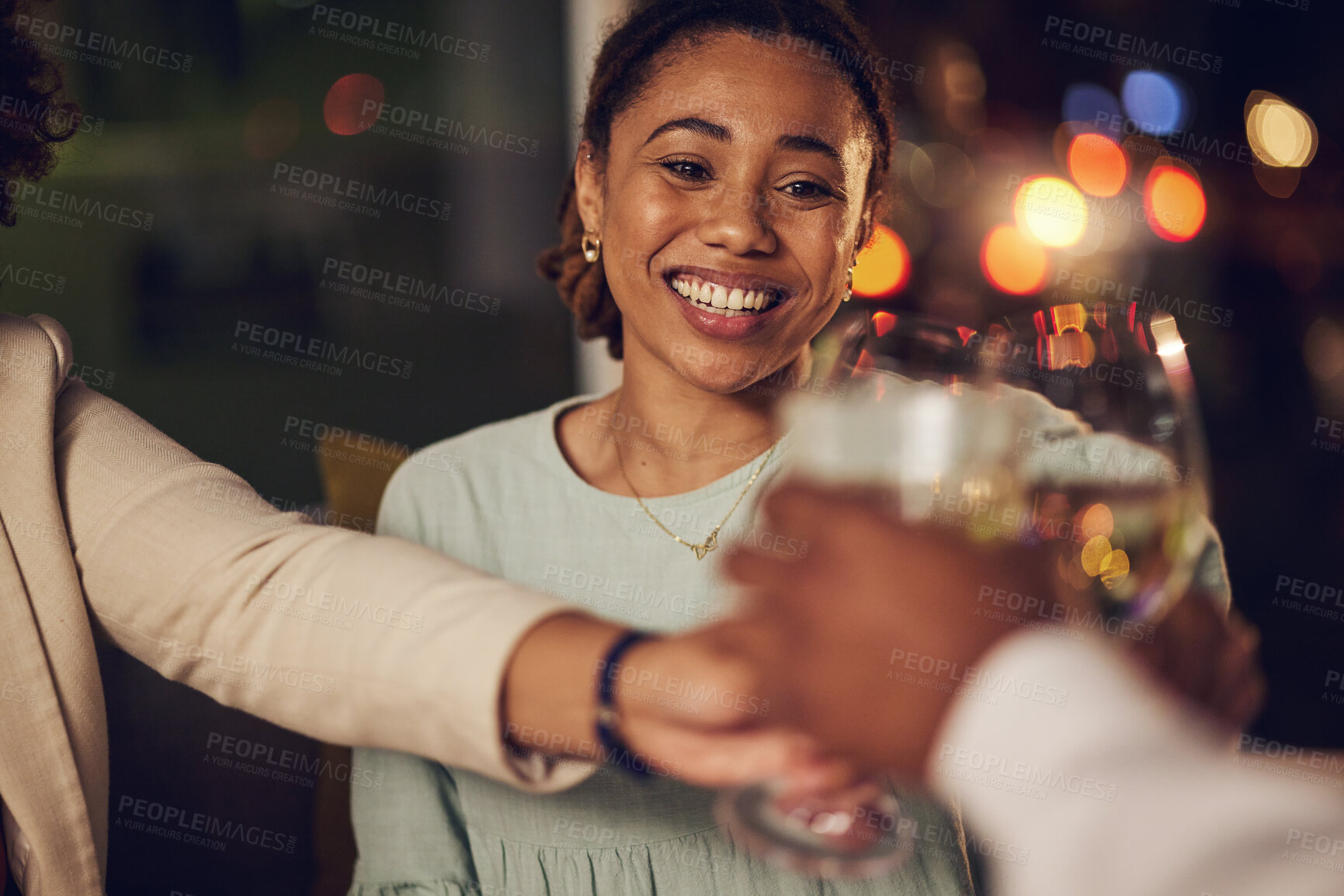 Buy stock photo Dinner party, happy woman or friends toast alcohol for birthday support, congratulations or group celebrate at luxury gala. Night people cheers with champagne, wine or drink at fine dining restaurant