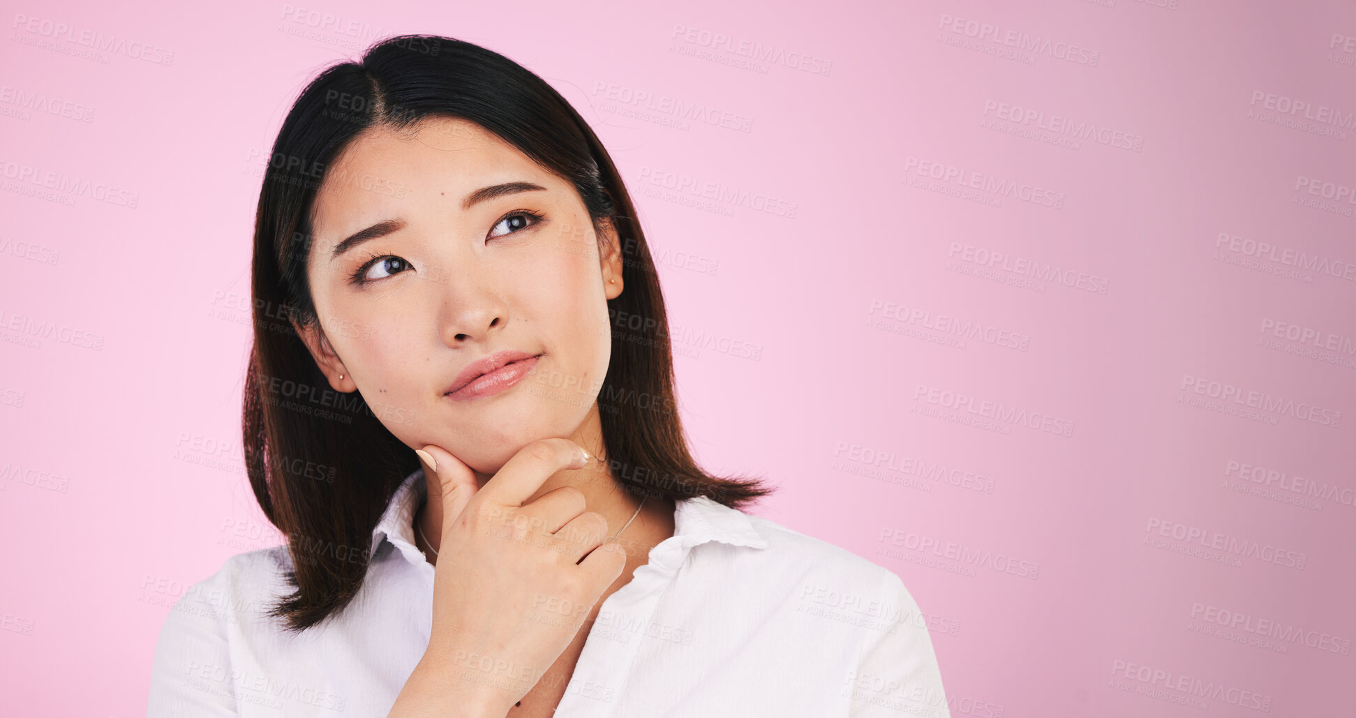 Buy stock photo Asian woman, thinking and decision on mockup space in problem solving against a pink studio background. Female person with idea, solution or choice in memory, reminder or  brainstorming on mock up