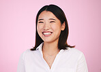 Portrait, happy and asian woman laugh in studio with funny, joke or silly humor on pink background. Comic, smile and face of female model laughing to goofy, comedy or playful, good mood or positivity