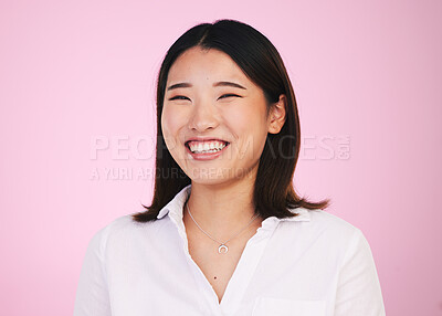 Buy stock photo Portrait, happy and asian woman laugh in studio with funny, joke or silly humor on pink background. Comic, smile and face of female model laughing to goofy, comedy or playful, good mood or positivity