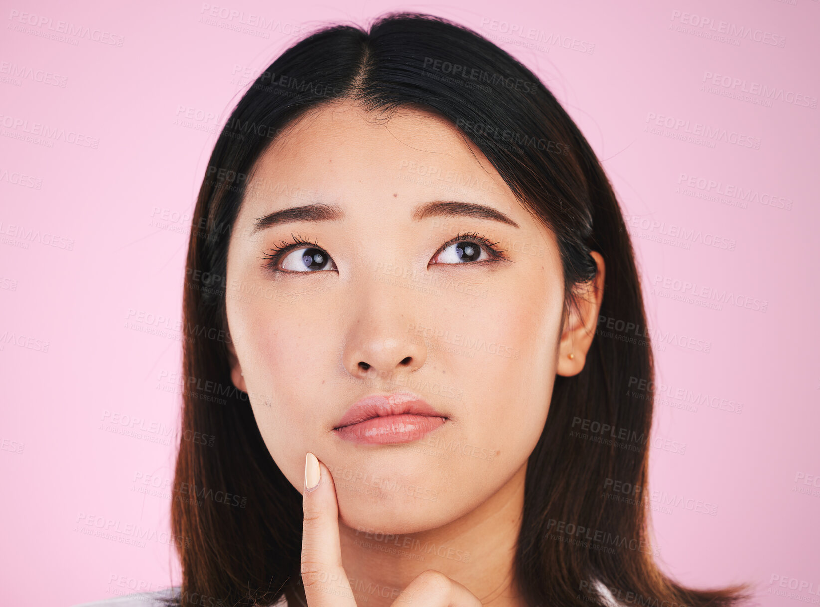 Buy stock photo Beauty woman, thinking and confused, ideas and cosmetics decision or skincare choice on pink background. Young asian person with skin care vision, makeup inspiration or dermatology question in studio