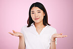 Doubt, decision and portrait of Asian woman on pink background for unsure, uncertainty and question. Thinking, confused and face of person with hand gesture for option, choice and emoji in studio