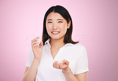 Buy stock photo Portrait, confused and question with an asian woman on a pink background in studio for problem solving. Face, doubt and why with a young female person thinking about a mistake, error or fail