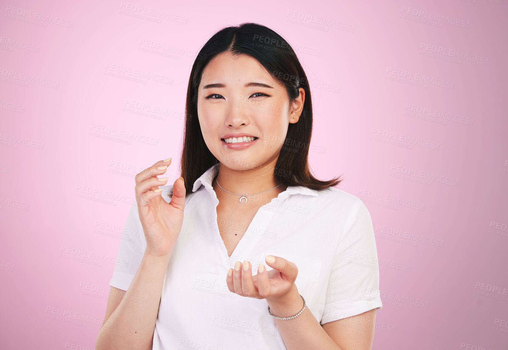 Buy stock photo Portrait, confused and question with an asian woman on a pink background in studio for problem solving. Face, doubt and why with a young female person thinking about a mistake, error or fail