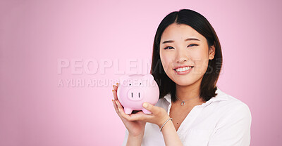 Buy stock photo Piggy bank, savings and finance, woman in portrait and mockup space with money isolated on pink background. Budget, future and cash, investment and profit, container for coins and growth in studio