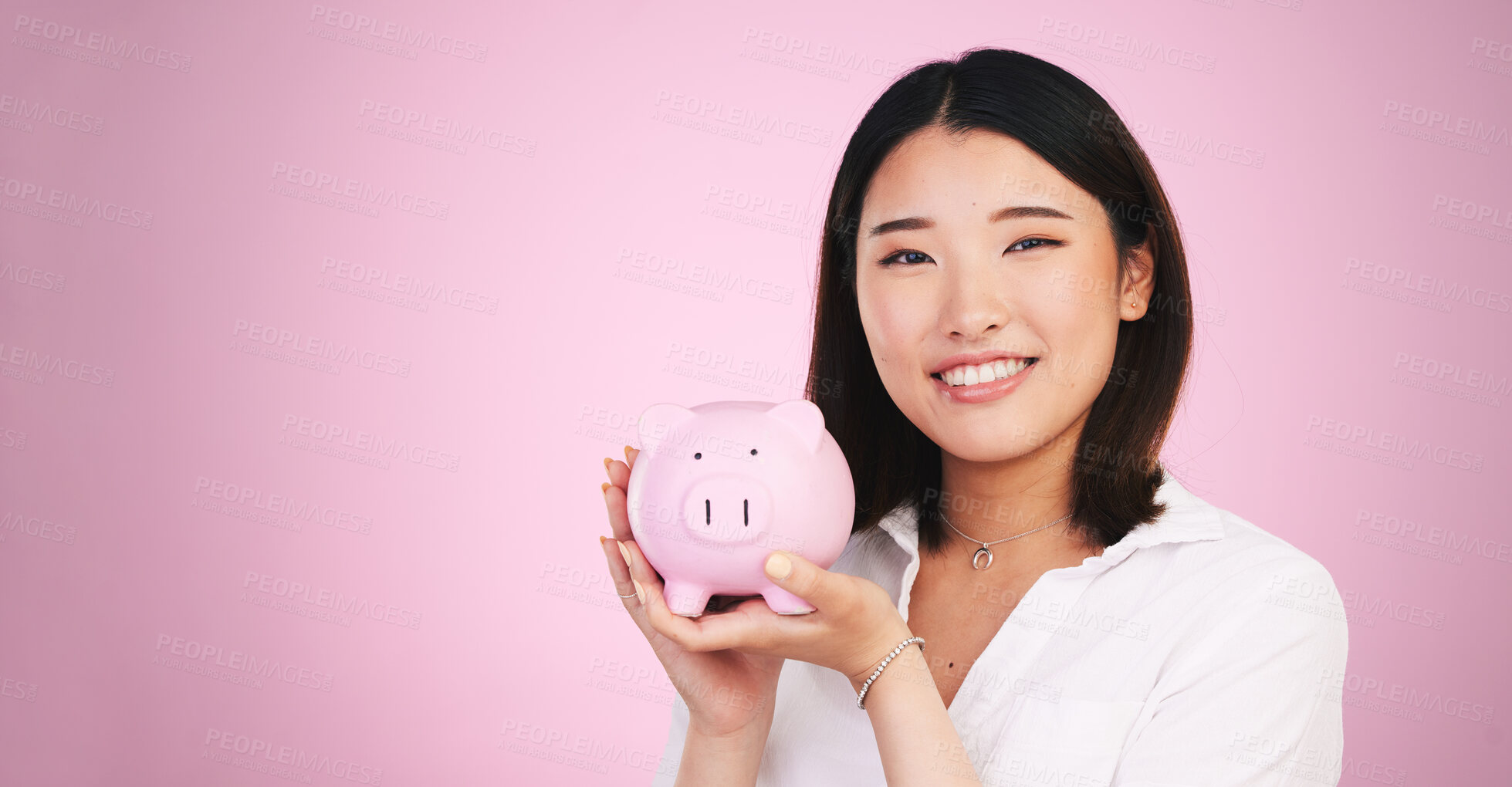 Buy stock photo Piggy bank, savings and finance, woman in portrait and mockup space with money isolated on pink background. Budget, future and cash, investment and profit, container for coins and growth in studio