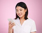 Search, phone and social media with face of woman in studio for networking, communication and internet. Website, conversation and gen z with person on pink background for technology and mobile app