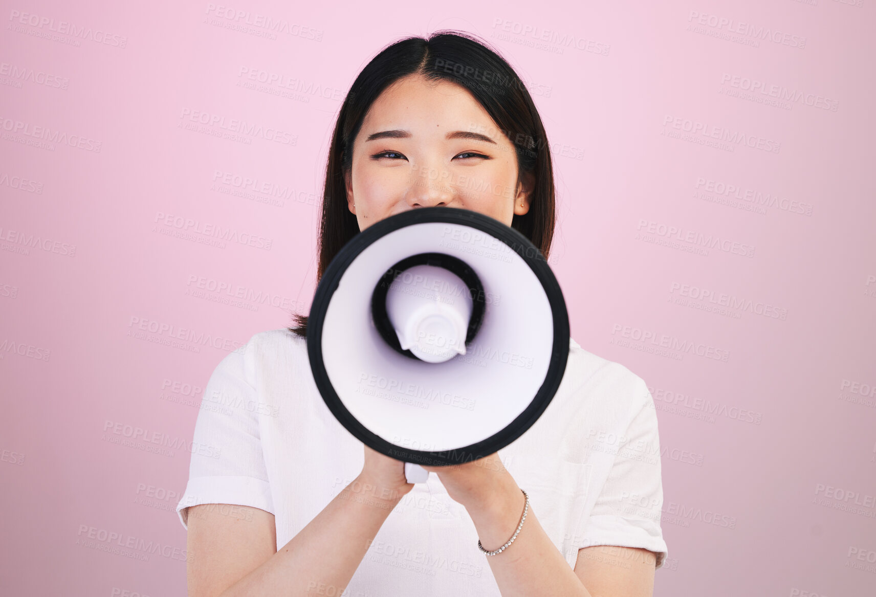 Buy stock photo Megaphone announcement, portrait and Asian woman with retail sales discount, promotion deal or broadcast news. Speech, studio or Japanese speaker noise, attention and voice opinion on pink background