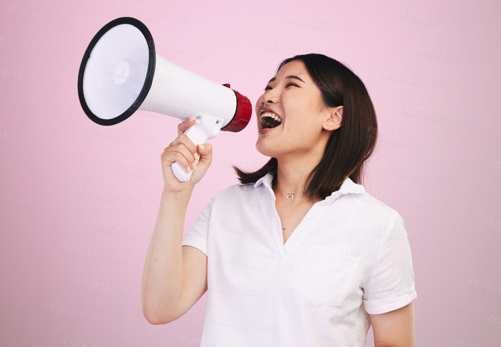 Buy stock photo Megaphone announcement, portrait and woman shout sales discount, promotion deal or broadcast news information. Excited speech, studio and speaker noise, communication and voice on pink background