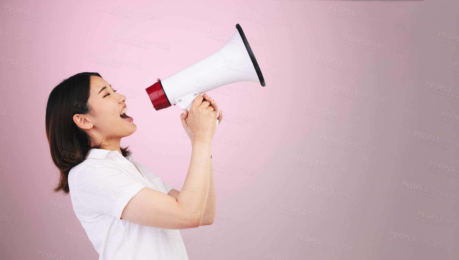 Buy stock photo Megaphone announcement, scream or profile woman protest for democracy vote, justice or human rights rally. Speech, studio mockup space or loud speaker noise, communication or voice on pink background