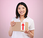 Woman, box and delivery, courier and e commerce with portrait and package isolated on pink background. Asian customer, commercial and supply chain with shipping, parcel and export service in studio