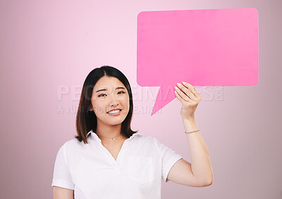 Buy stock photo Woman, beauty and speech bubble for communication, skincare forum or cosmetics on pink background. Portrait of asian person with dermatology opinion, questions and chat or FAQ poster mockup in studio