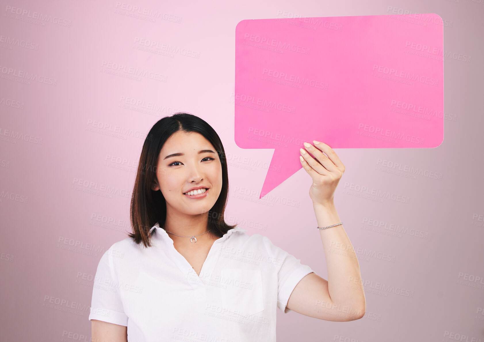 Buy stock photo Woman, beauty and speech bubble for communication, skincare forum or cosmetics on pink background. Portrait of asian person with dermatology opinion, questions and chat or FAQ poster mockup in studio