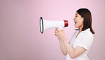 Megaphone announcement, studio or profile woman with sales discount, promo deal or breaking news audio. Advertising speech, mockup space or female speaker noise, attention or voice on pink background