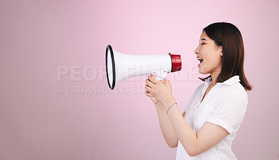 Buy stock photo Megaphone announcement, studio or profile woman with sales discount, promo deal or breaking news audio. Advertising speech, mockup space or female speaker noise, attention or voice on pink background