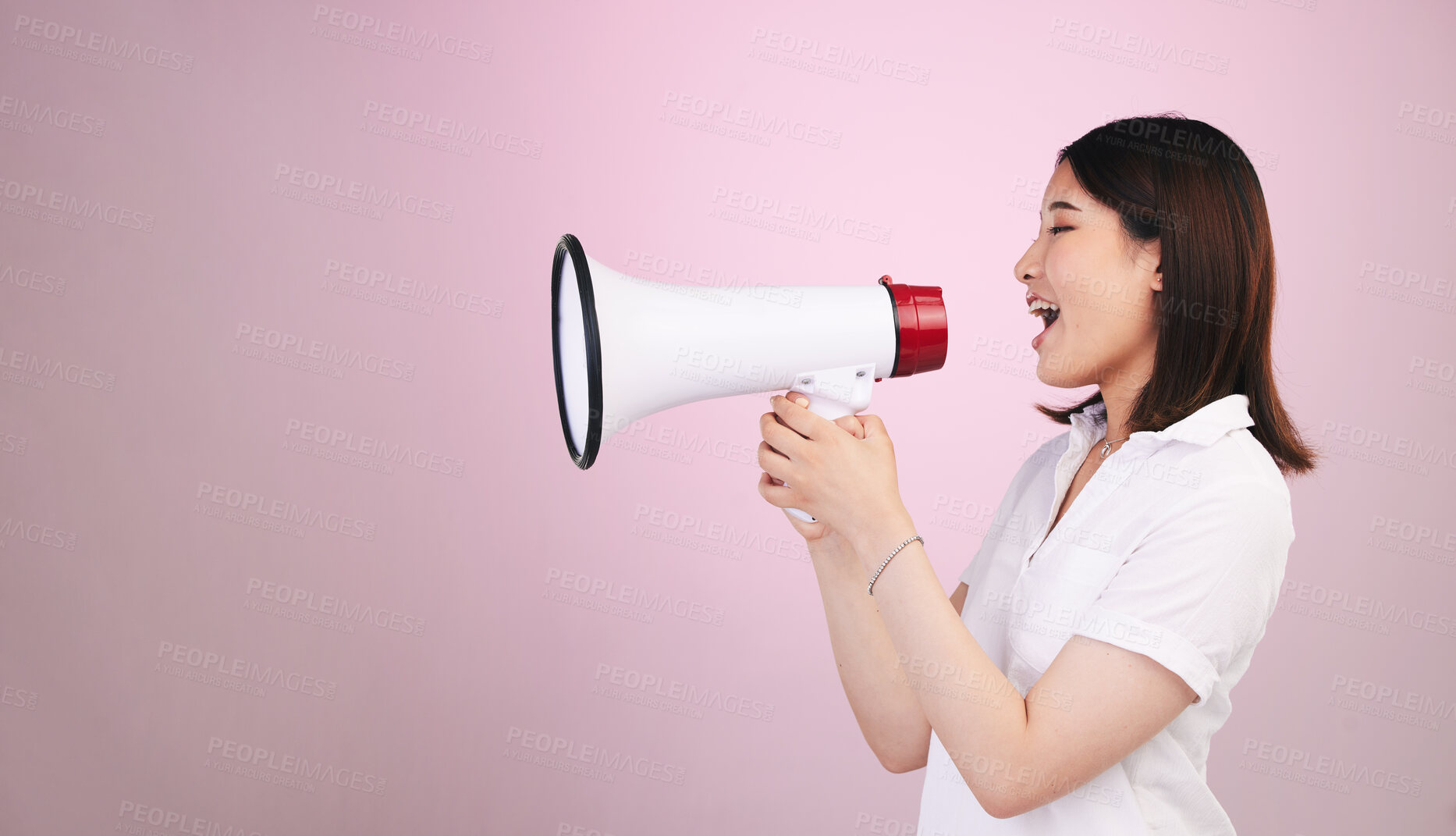 Buy stock photo Megaphone announcement, studio or profile woman with sales discount, promo deal or breaking news audio. Advertising speech, mockup space or female speaker noise, attention or voice on pink background