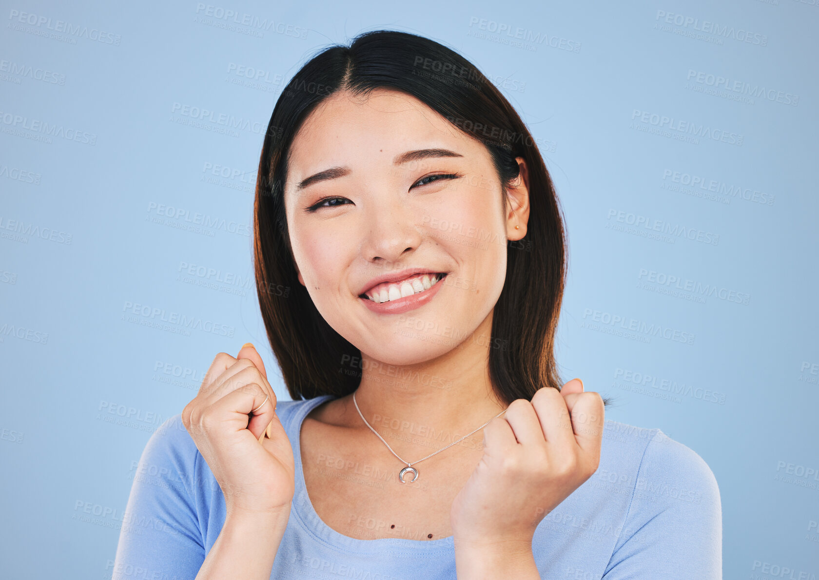 Buy stock photo Happy, Asian and portrait of a woman on a blue background for cosmetics face headshot. Smile, beauty and a girl or model with dental care, beautiful and makeup for cheerful personality in studio