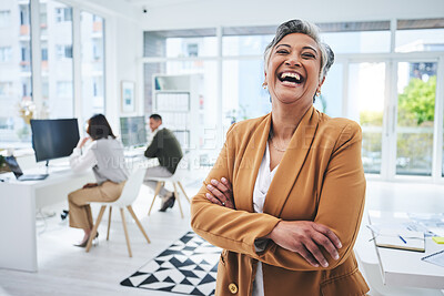 Buy stock photo Happy, mature woman and manager with arms crossed in office, workplace and confident in working for professional startup. Portrait, smile and person with pride and happiness in Egypt business