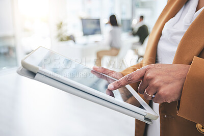 Buy stock photo Hands, web design or businesswoman typing on tablet in office, working on email or research project online. Social media, tech or female editor editing or writing reports update on internet or blog