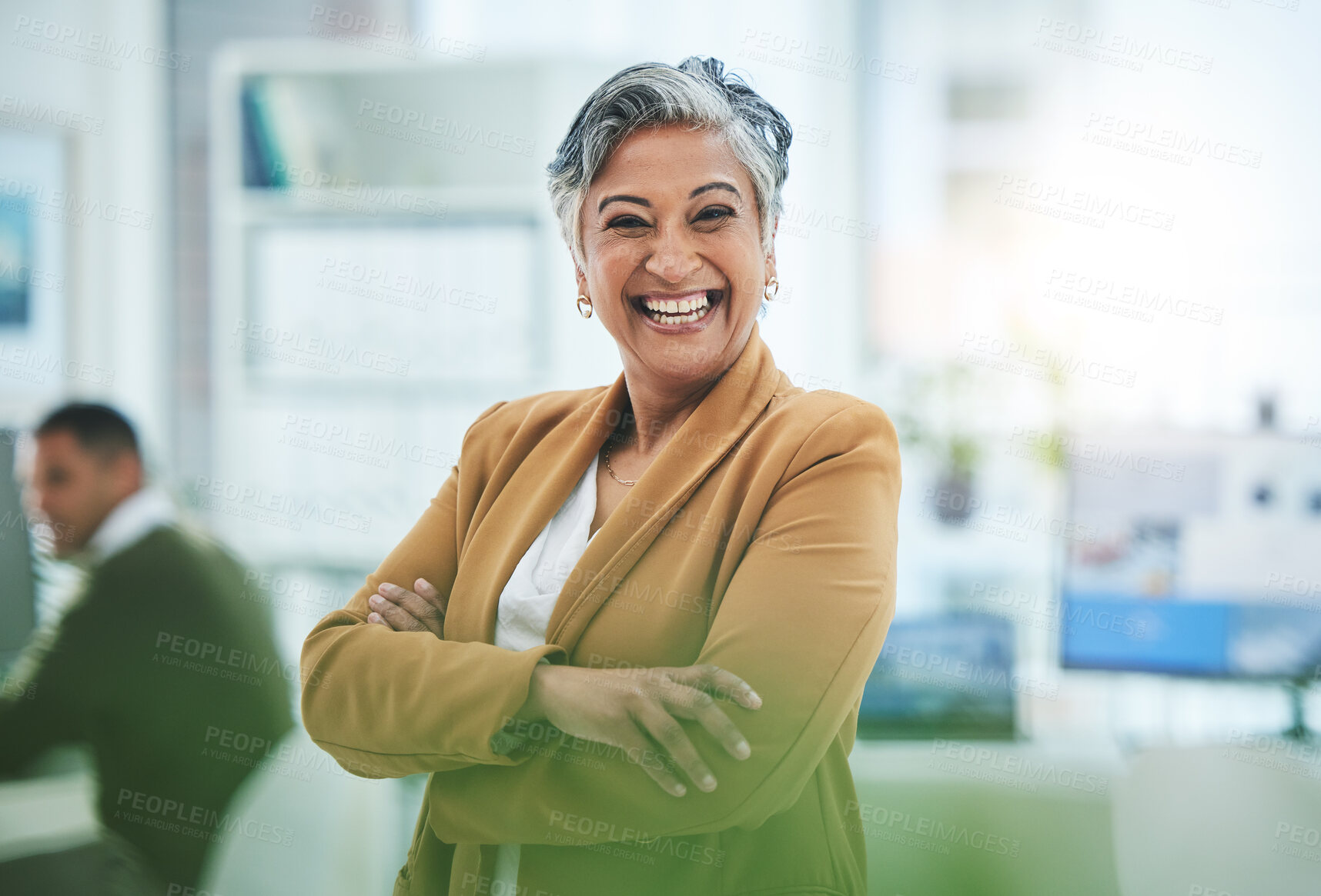 Buy stock photo Portrait, mature woman and manager with arms crossed in office, workplace and confident in working for professional startup. Happy, smile and person or ceo with pride and happiness in Egypt business