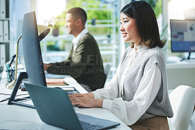 Buy stock photo Business woman, computer and office for marketing research, multimedia planning or copywriting. Professional worker, employees or editor typing on desktop for editing online and research in workspace