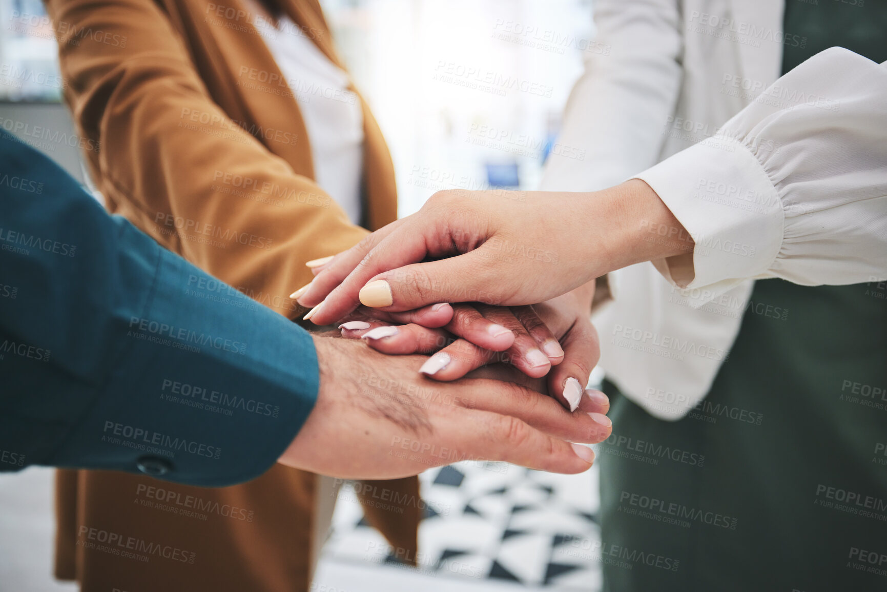 Buy stock photo Stack, teamwork or hands of business people for a goal, mission or collaboration with support. Partnership, closeup or colleagues in meeting huddle with vision, motivation or solidarity together 
