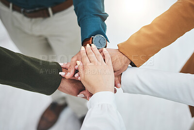 Buy stock photo Stack, team building or hands of business people for goal, mission or collaboration with support. Partnership, closeup or top of colleagues in meeting huddle for vision plan, motivation or solidarity
