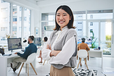 Buy stock photo Happy, woman and Asian employee with arms crossed in office, workplace and confident in working for professional startup. Portrait, smile and person with pride and happiness in Singapore business