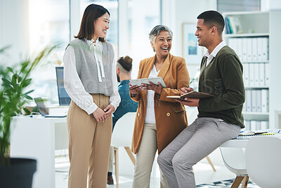 Buy stock photo Teamwork, happy or funny business people in meeting laughing at joke in discussion with paperwork. Collaboration, leadership or excited mature mentor talking or speaking of ideas or plan to employees