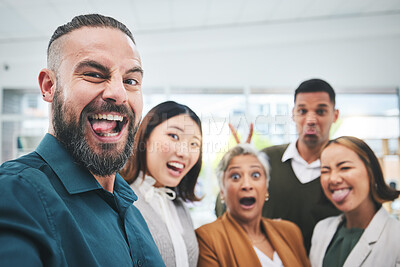 Buy stock photo Portrait, selfie and group of funny business people in office for team building, collaboration and support. Diversity, teamwork and happy friends with silly faces for profile picture on social media 