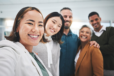 Buy stock photo Selfie, portrait and group of business people smile in office for support of global team building. Diversity, employees and face asian woman with friends for profile picture about us on social media 