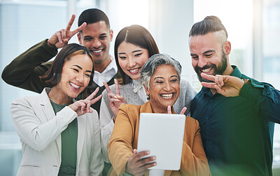 Buy stock photo Selfie, tablet and group of business people with peace for support, team building and emoji. Diversity, employees and happy friends with v sign for digital profile picture about us on social media 
